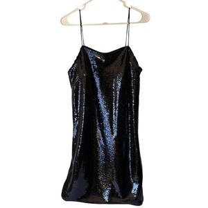 H & M Black Sequin Sleeveless Spaghetti Straps Mini Dress Evening Glamour Size M